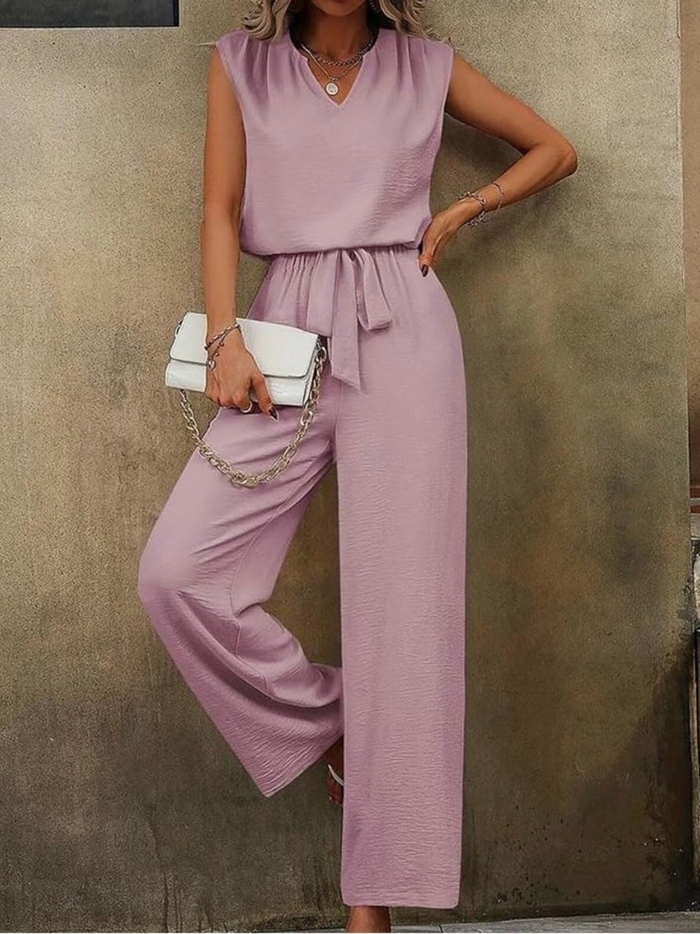 Amazon Sleeveless Tie-Waist Wide-Leg 2 piece set - Light Mauve